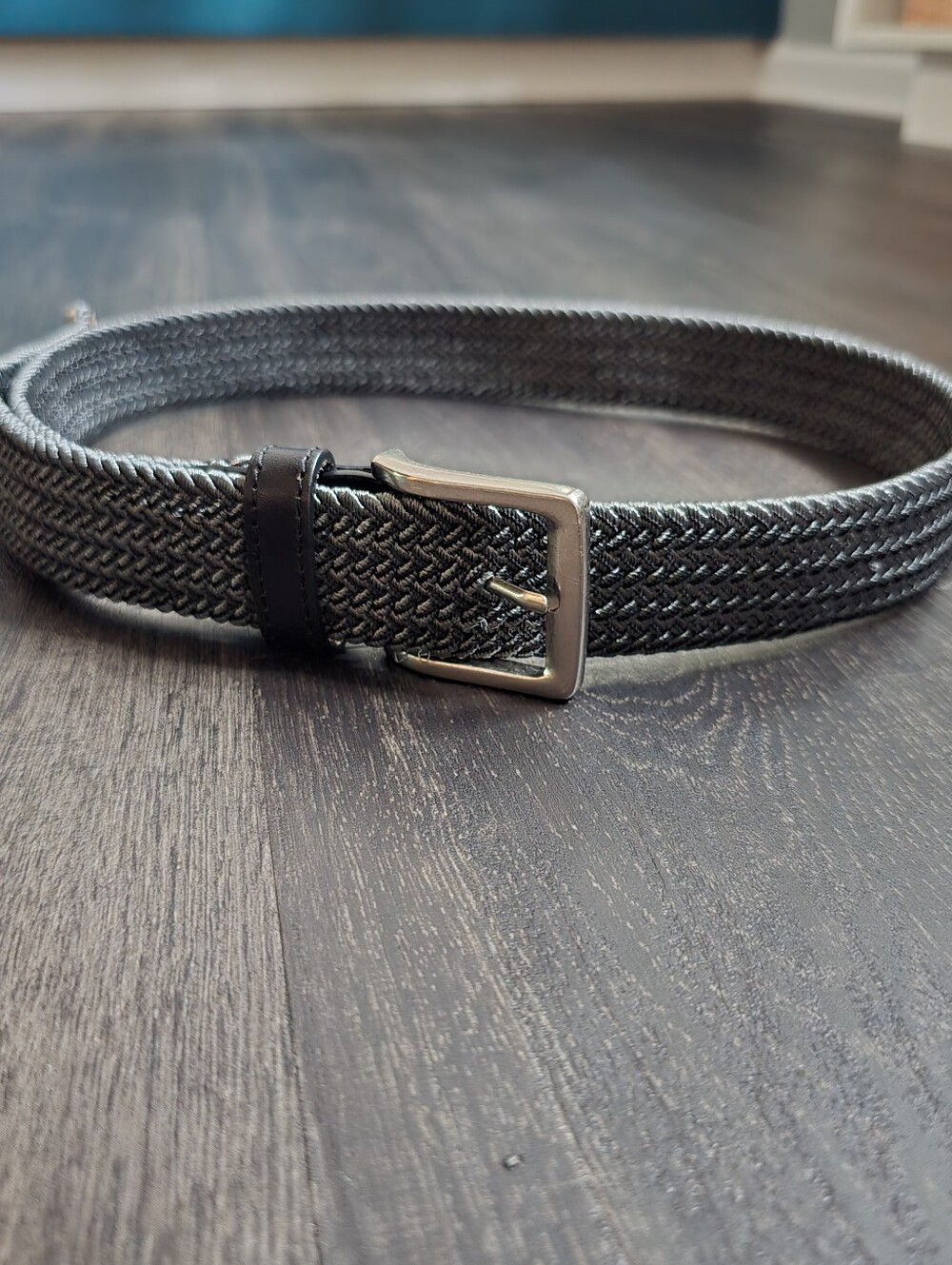 Tommy Bahama Gray Braided Woven Stretch Belt Black Leather Trim Mens M 34-36